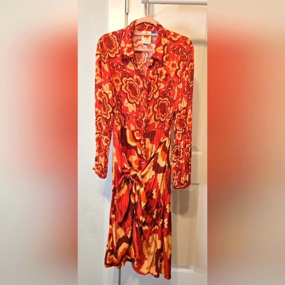 Farm Rio Long-Sleeve V-Neck Floral Midi Red Shirt Dress Size Large - Picture 7 of 7